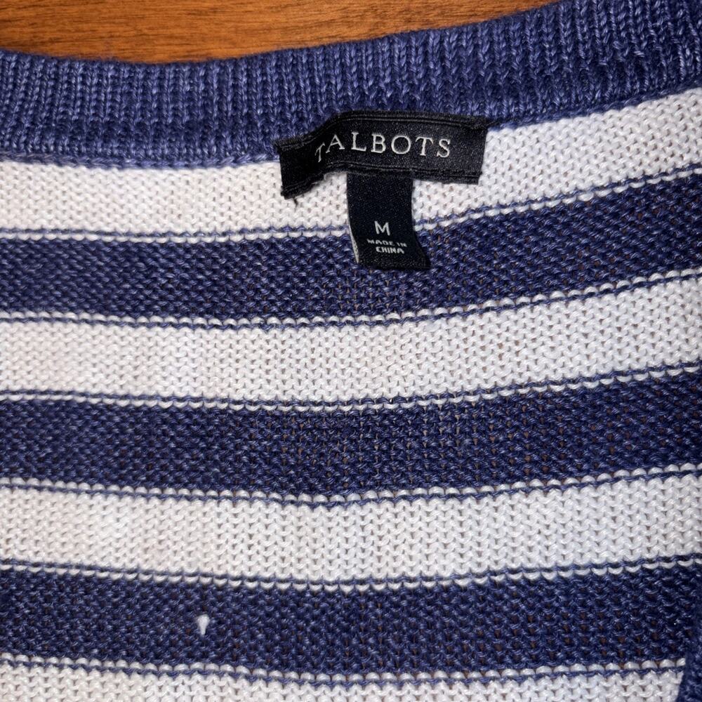 Talbots Linen Cardigan Womens Med Blue White Stripe Button Nautical 3/4 Sleeve - Picture 3 of 7